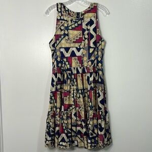Peruvian Connection Abstract Multicolored Sleeveless Tiered Dress Size L